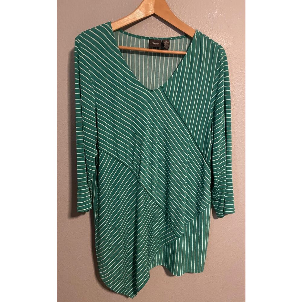 Chicos Tunic Womens 3 US XL Green Stripe Asymmetrical Hem Top Slinky Knit